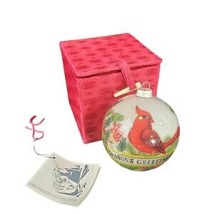 Reverse Painted Glass Christmas Ornament Cardinal Seasons Greetings